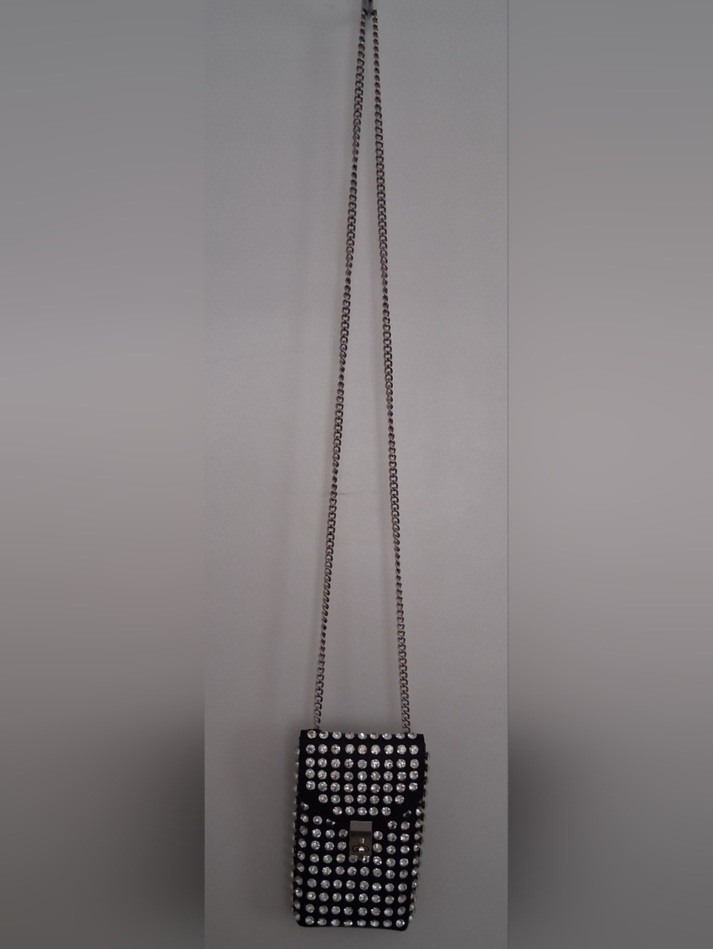 Black Studded Crossbody Phone Bag with Silver Chain Strap